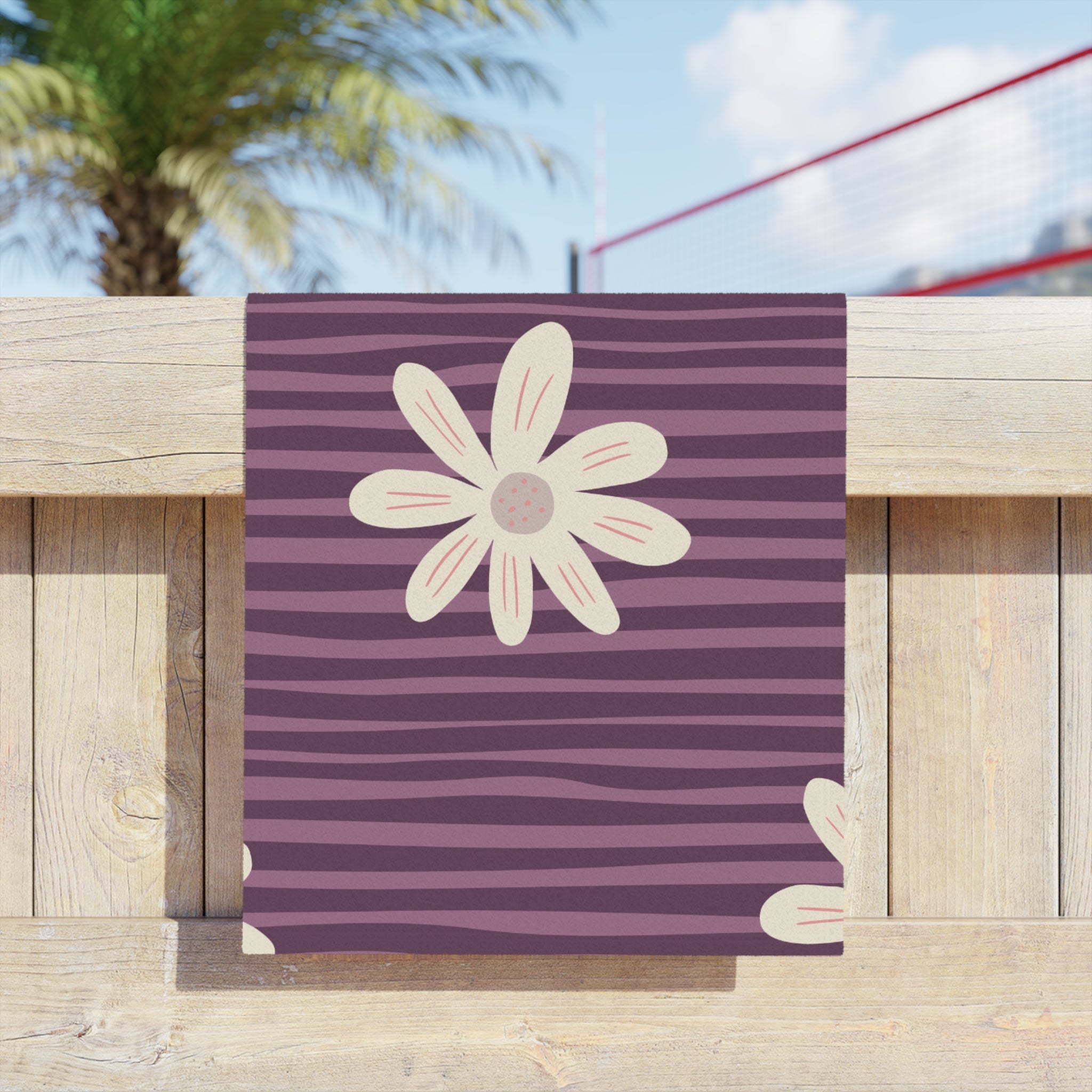 Purple Daisy Beach Towel – Striped Floral Seaside Towel